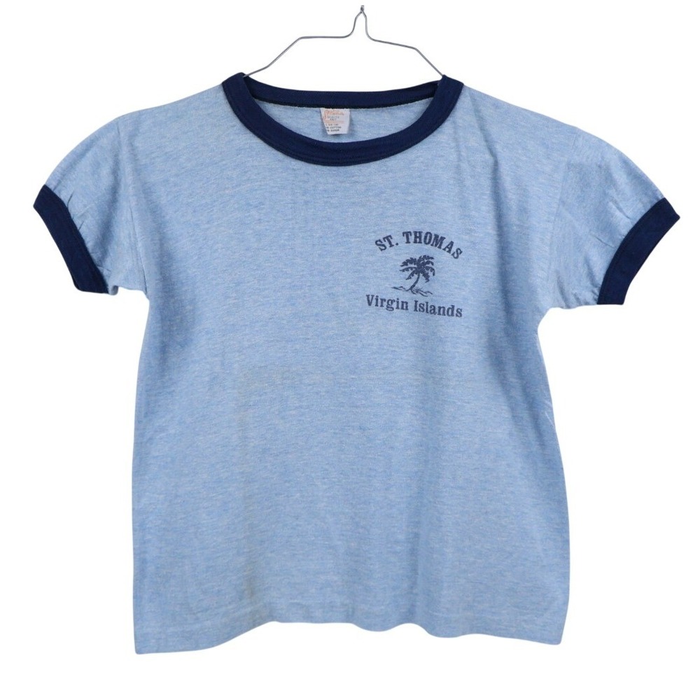 VTG St Thomas Virgin Islands Retro Souvenir Travel Ringer Tee Blue Heather S/M